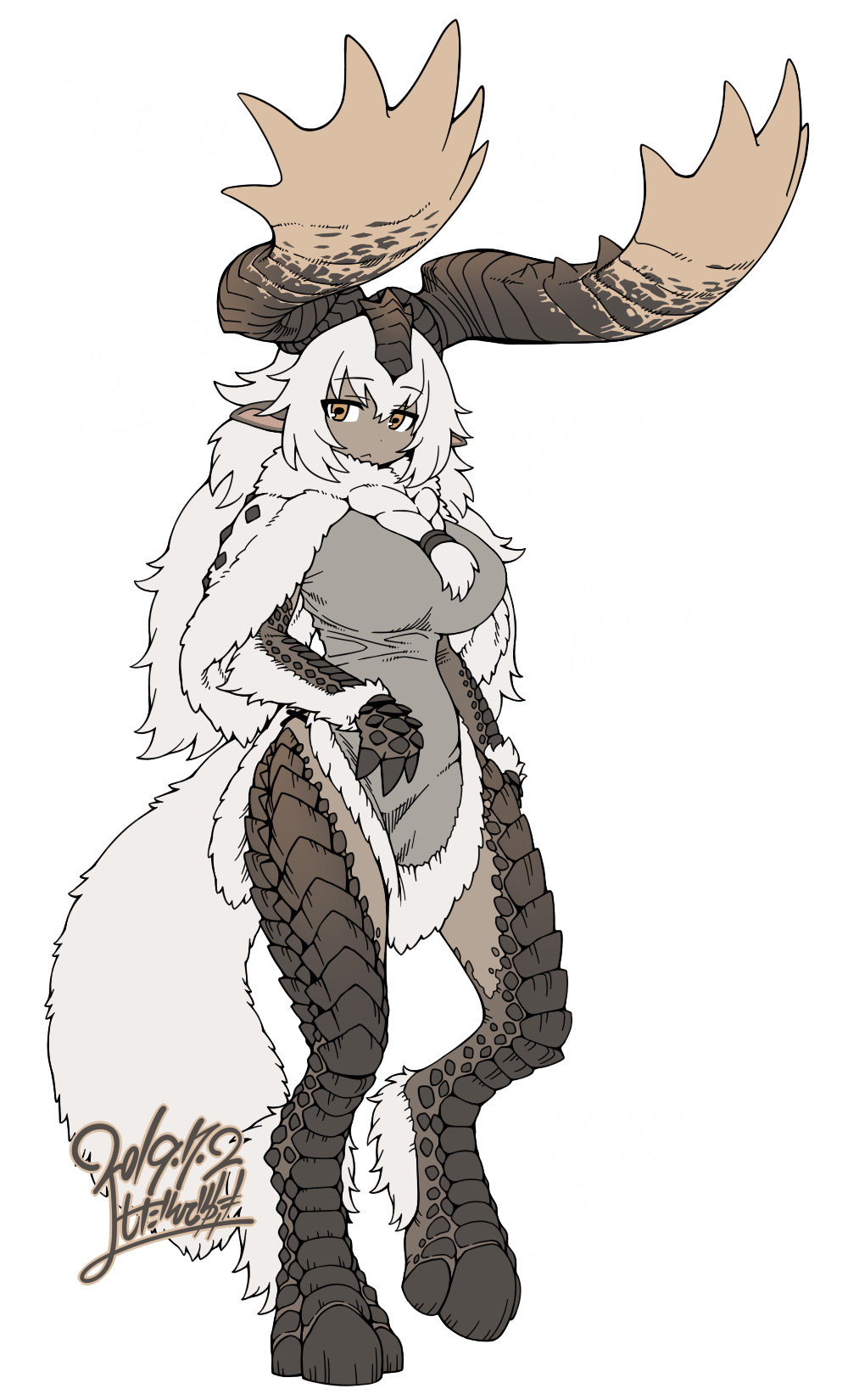 1girl :&lt; banbaro bangs breasts capelet claws commentary_request dark_skin dated dress eyebrows_visible_through_hair full_body fur-trimmed_capelet fur-trimmed_dress fur_collar fur_trim grey_dress hair_between_eyes highres horns large_breasts long_hair monster_girl monster_hunter personification pointy_ears scales signature simple_background solo tail white_background white_hair yellow_eyes yoshida_hideyuki