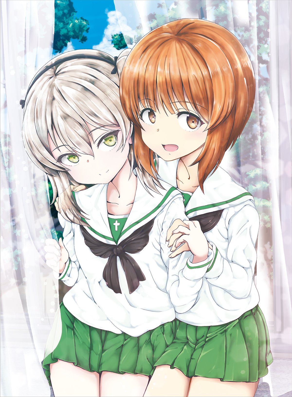 alternate_costume arm_grab bangs black_neckwear black_ribbon blouse blue_sky brown_eyes brown_hair closed_mouth clouds cloudy_sky commentary cowboy_shot curtains day eyebrows_visible_through_hair frown girls_und_panzer green_skirt hair_ribbon hand_on_another's_shoulder head_tilt highres holding holding_hands indoors light_brown_eyes light_brown_hair long_hair long_sleeves looking_at_viewer miniskirt neckerchief nishizumi_miho one_side_up ooarai_school_uniform open_mouth pleated_skirt ribbon school_uniform serafuku shibagami shimada_arisu short_hair side-by-side sitting skirt sky smile tree white_blouse