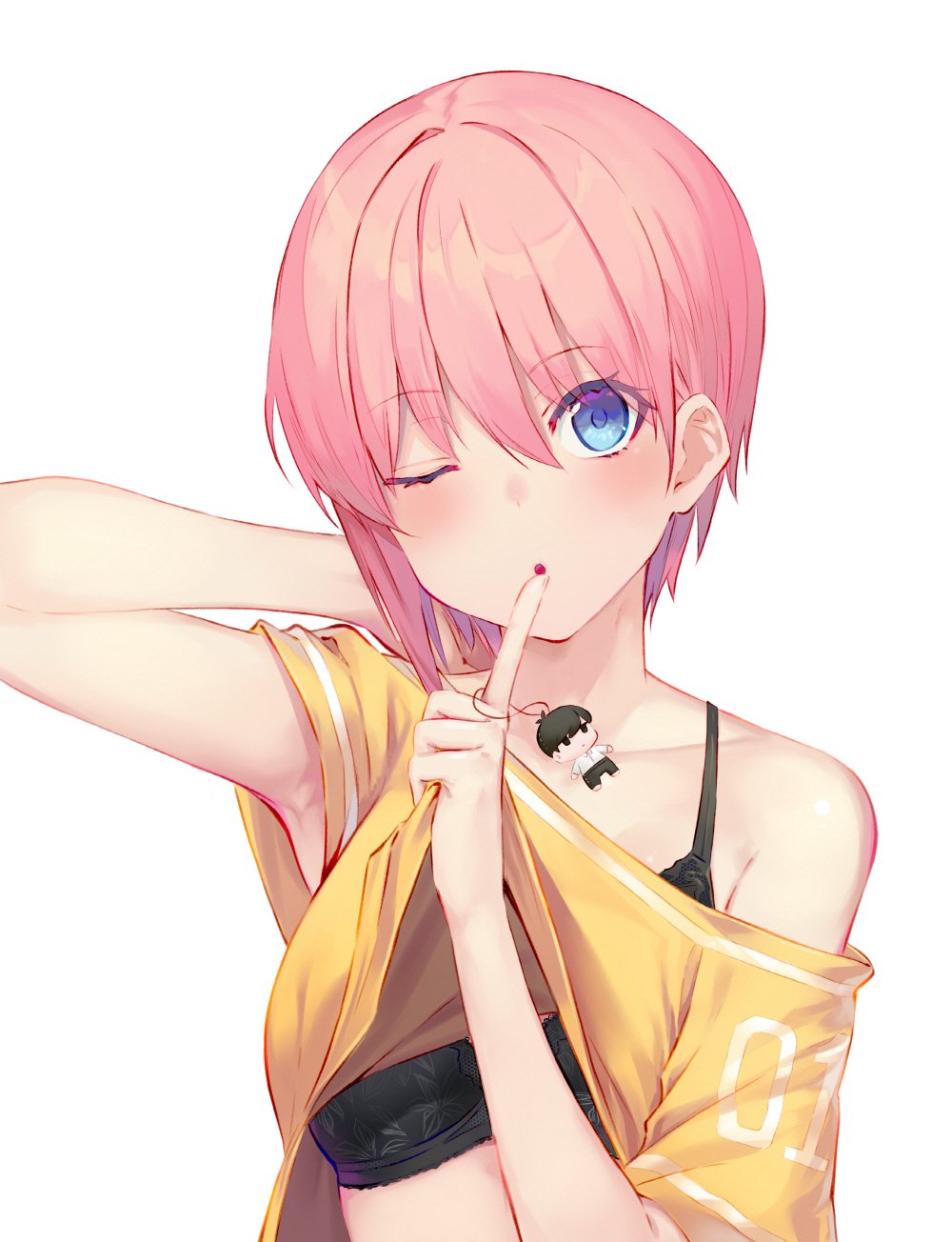 1girl ;o arm_behind_head armpits black_bra blue_eyes blush bra collar collarbone eyebrows_visible_through_hair finger_to_mouth floral_print go-toubun_no_hanayome hair_between_eyes head_tilt highres index_finger_raised lifted_by_self looking_at_viewer nakano_ichika off-shoulder_shirt off_shoulder one_eye_closed pink_hair print_bra shirt shirt_lift short_hair short_sleeves simple_background solo soya_(torga) underwear upper_body white_background yellow_shirt