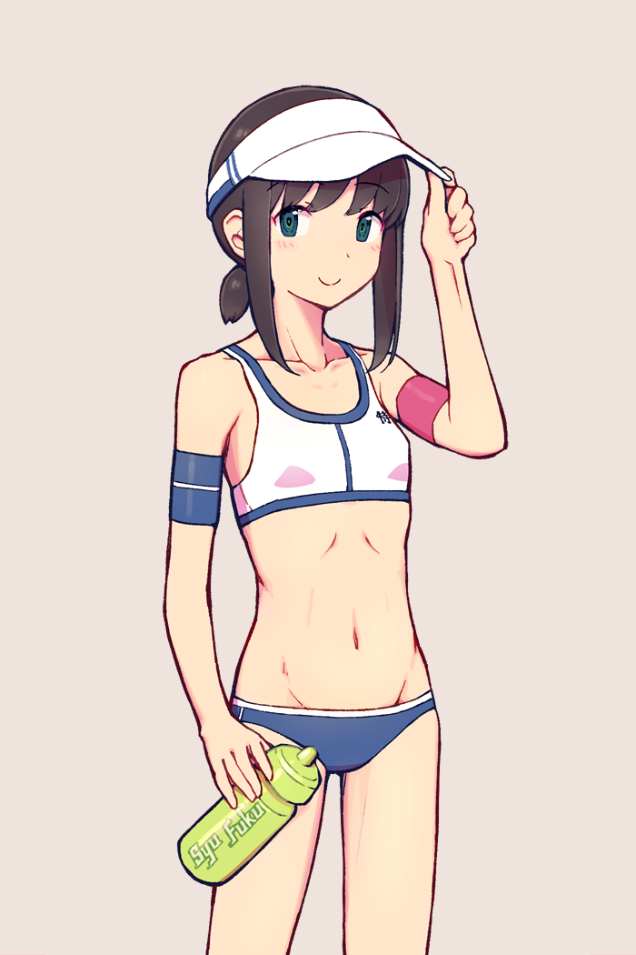 1girl adapted_costume alternate_costume armband beach_volleyball bikini black_hair bottle collarbone cowboy_shot fubuki_(kantai_collection) green_eyes grey_background groin kantai_collection long_hair looking_at_viewer low_ponytail mismatched_bikini nakaaki_masashi navel ponytail short_ponytail sidelocks simple_background solo sports_bikini swimsuit visor_cap volleyball water_bottle white_headwear