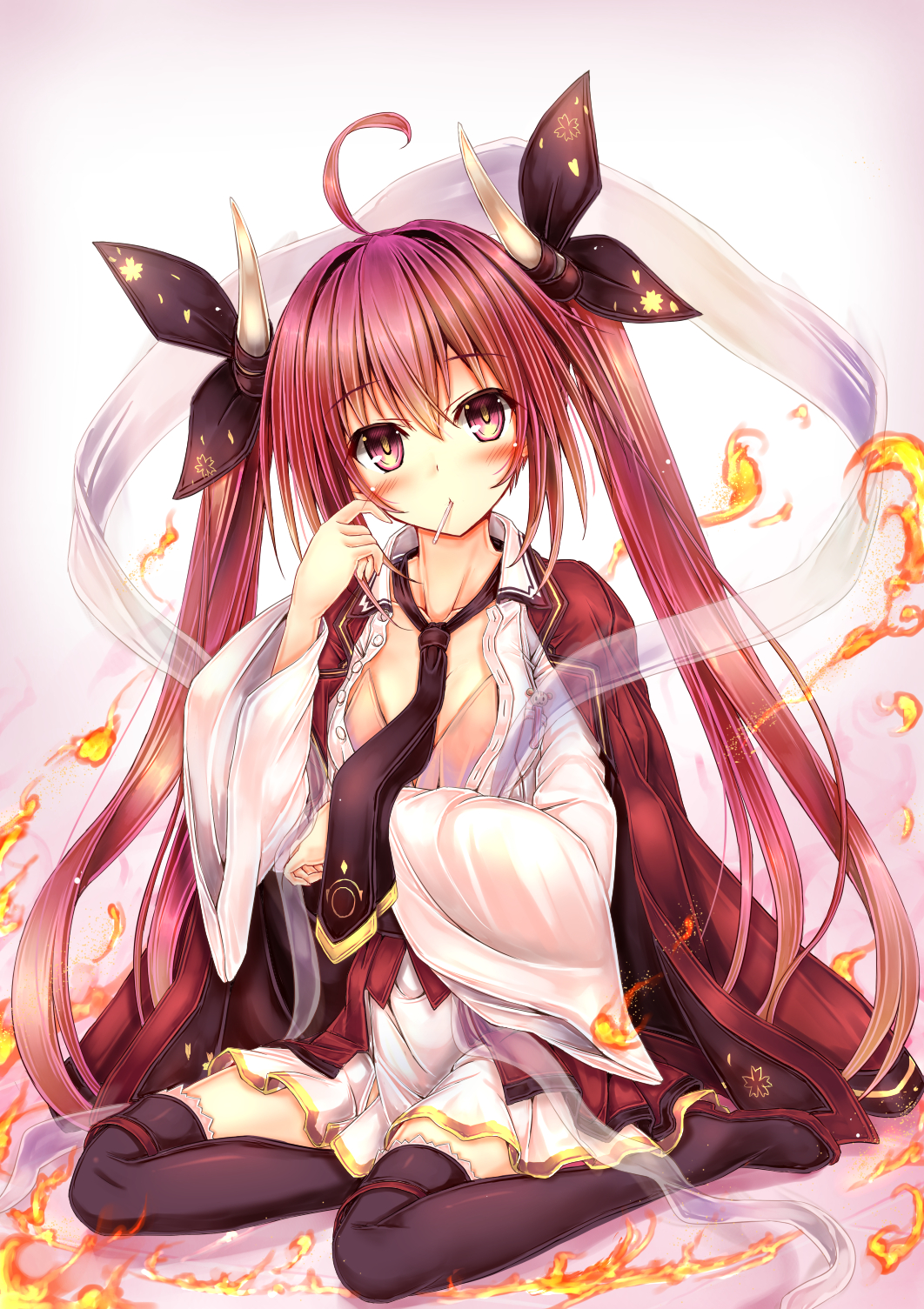 1girl black_footwear black_ribbon blush candy commentary_request date_a_live fire food food_in_mouth full_body hair_ribbon highres horn_ornament itsuka_kotori jacket jacket_on_shoulders kaisu lollipop long_hair necktie red_eyes red_jacket redhead revision ribbon seiza sitting solo thigh-highs twintails very_long_hair wide_sleeves