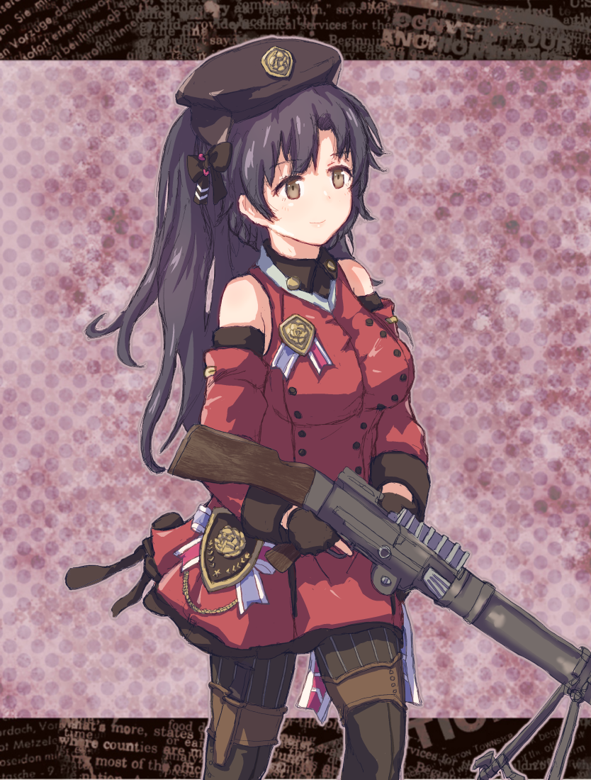 1girl badge bare_shoulders black_hair closed_mouth colorized commentary detached_sleeves girls_frontline gun hair_ribbon hat lewis_(girls_frontline) lewis_gun long_hair machine_gun ponytail ribbon smile solo standing user_wfux3237 weapon