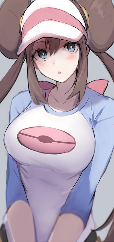 1girl :o bangs blue_background blue_eyes blush breasts brown_hair collarbone double_bun hair_between_eyes impossible_clothes impossible_shirt large_breasts long_hair looking_at_viewer mei_(pokemon) mobu open_mouth poke_ball_symbol pokemon pokemon_(game) pokemon_bw2 raglan_sleeves shirt sidelocks simple_background smile solo twintails visor_cap