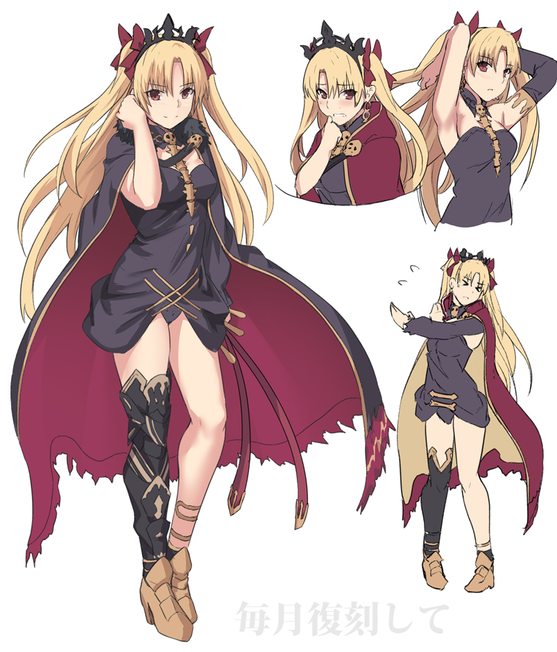 1girl bangs black_cape black_dress blonde_hair blush breasts cape commentary_request dress earrings ereshkigal_(fate/grand_order) eyebrows_visible_through_hair fate/grand_order fate_(series) hair_ornament hair_ribbon jewelry long_hair looking_at_viewer medium_breasts parted_bangs red_cape red_eyes ribbon shiseki_hirame simple_background skull smile spine tiara two_side_up white_background