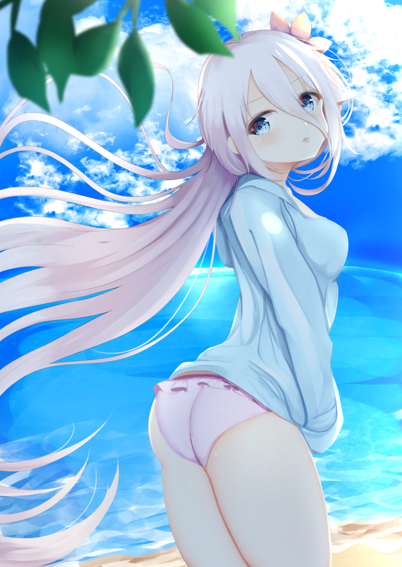 1girl arched_back aties20 bangs beach bikini bikini_bottom blue_eyes blue_jacket blue_sky blush breasts closed_mouth clouds cloudy_sky commentary_request day eyebrows_visible_through_hair flower frilled_bikini frills hair_between_eyes hair_flower hair_ornament head_tilt horizon ia_(vocaloid) jacket looking_at_viewer looking_to_the_side medium_breasts ocean outdoors palm_tree purple_bikini sand silver_hair sky solo standing swimsuit tongue tongue_out tree vocaloid water