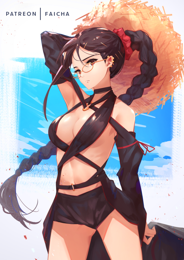 1girl arm_up bangs bare_shoulders black_shorts black_swimsuit blue_sky blush braid breasts brown_hair choker closed_mouth consort_yu_(fate) detached_sleeves ear_piercing earrings faicha fate/grand_order fate_(series) glasses hair_between_eyes hair_ornament hair_scrunchie hairclip hat jewelry long_hair looking_at_viewer medium_breasts multiple_earrings navel o-ring piercing revealing_clothes scrunchie shorts sky solo straw_hat sun_hat swimsuit thighs very_long_hair