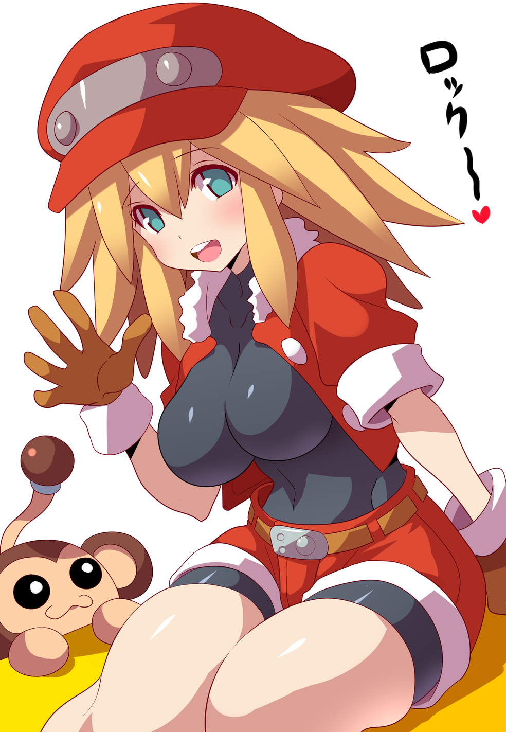 1girl :d animal bangs bike_shorts bike_shorts_under_shorts black_shirt blonde_hair blue_eyes blush breasts brown_gloves cabbie_hat capcom cropped_jacket data_(rockman_dash) eyebrows_visible_through_hair gloves hair_between_eyes hand_up hat heart highres impossible_clothes jacket konno_tohiro large_breasts leaning_forward long_hair looking_at_viewer monkey open_clothes open_jacket open_mouth red_headwear red_jacket red_shorts rockman rockman_dash roll_caskett shiny shiny_skin shirt short_sleeves shorts sidelocks simple_background sitting smile solo turtleneck white_background