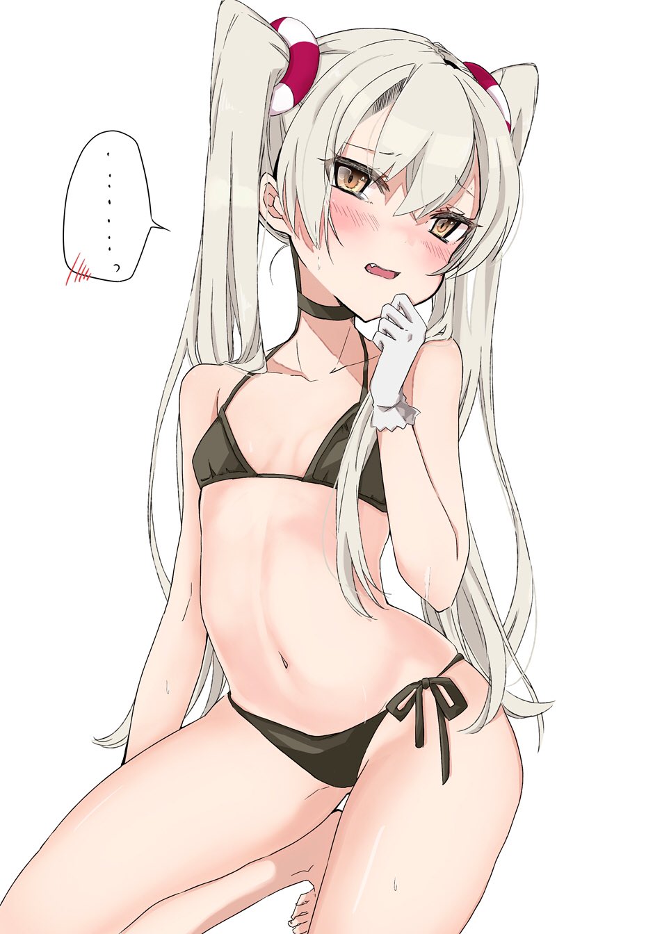 ... 1girl amatsukaze_(kantai_collection) barefoot bikini black_bikini blush brown_eyes chigasaki_y commentary_request embarrassed fang flat_chest gloves hair_ornament highres kantai_collection kneeling lifebuoy long_hair looking_at_viewer open_mouth side-tie_bikini silver_hair simple_background solo spoken_ellipsis squatting swimsuit two_side_up white_background white_gloves