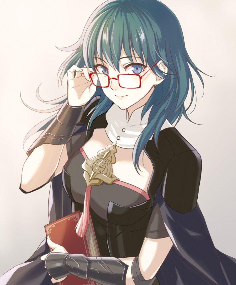 1girl armor bespectacled black_armor blue_eyes blue_hair book byleth byleth_(female) closed_mouth fire_emblem fire_emblem:_three_houses glasses holding holding_book red-framed_eyewear shinkanoshin simple_background smile solo upper_body white_background