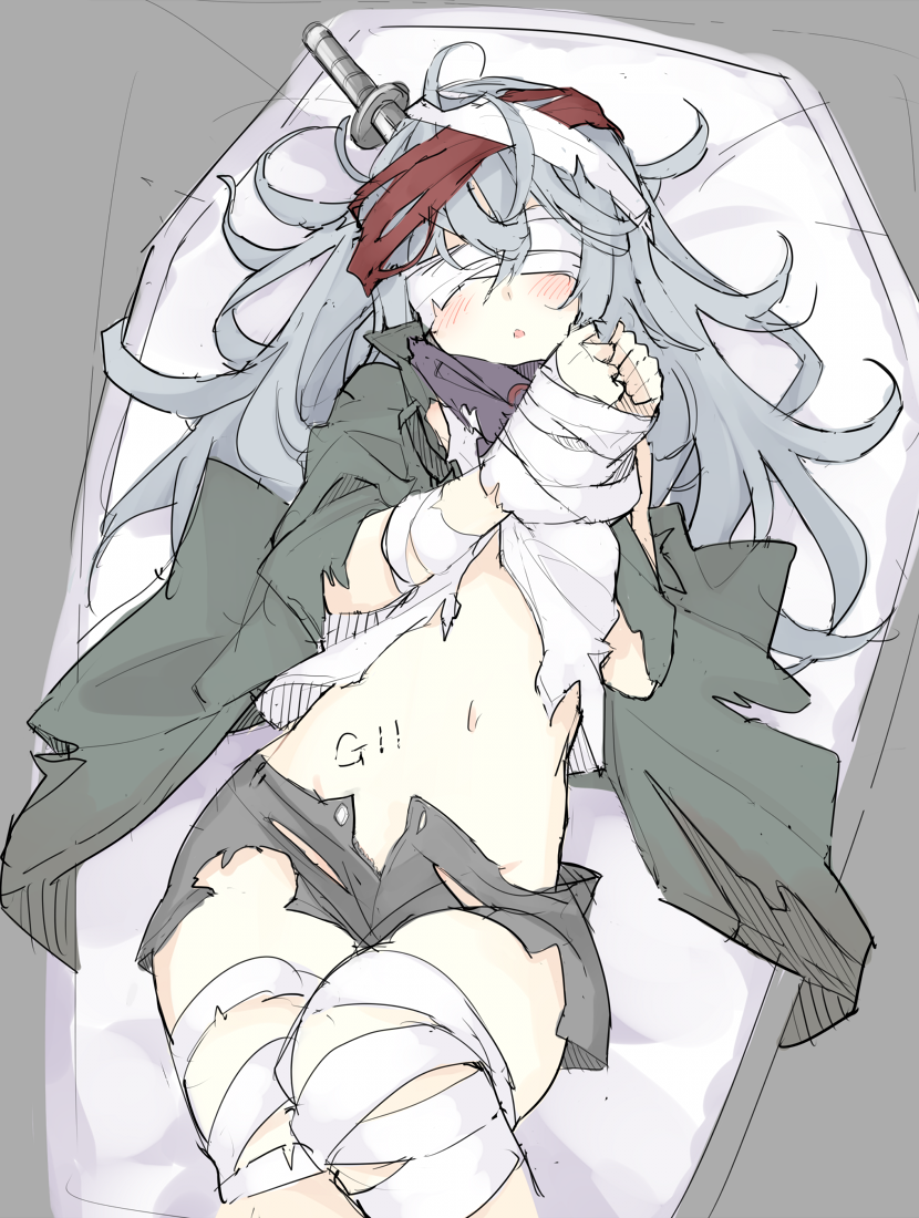 1girl bandaged_arm bandaged_hands bandaged_head bandaged_leg bandages bangs blindfold blush bound bound_wrists covered_eyes cowboy_shot g11_(girls_frontline) girls_frontline green_jacket grey_hair hair_between_eyes jacket knife knife_in_head long_hair lying messy_hair midriff mobu navel on_back open_clothes open_jacket open_mouth personification scarf_on_head shorts sketch solo stomach torn_clothes torn_shorts
