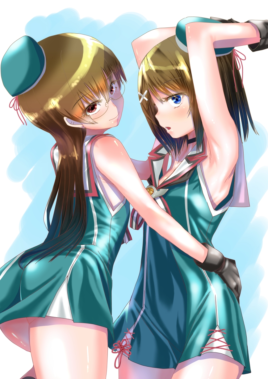 2girls arms_up beret black_gloves black_legwear blue_eyes blush brown_hair choukai_(kantai_collection) dress glasses gloves hair_ornament hairclip hand_on_another's_hip hat headgear highres kantai_collection killing-inthe-name long_hair looking_at_viewer maya_(kantai_collection) mini_hat multiple_girls no_panties open_mouth red_eyes red_ribbon ribbon rimless_eyewear short_hair smile younger