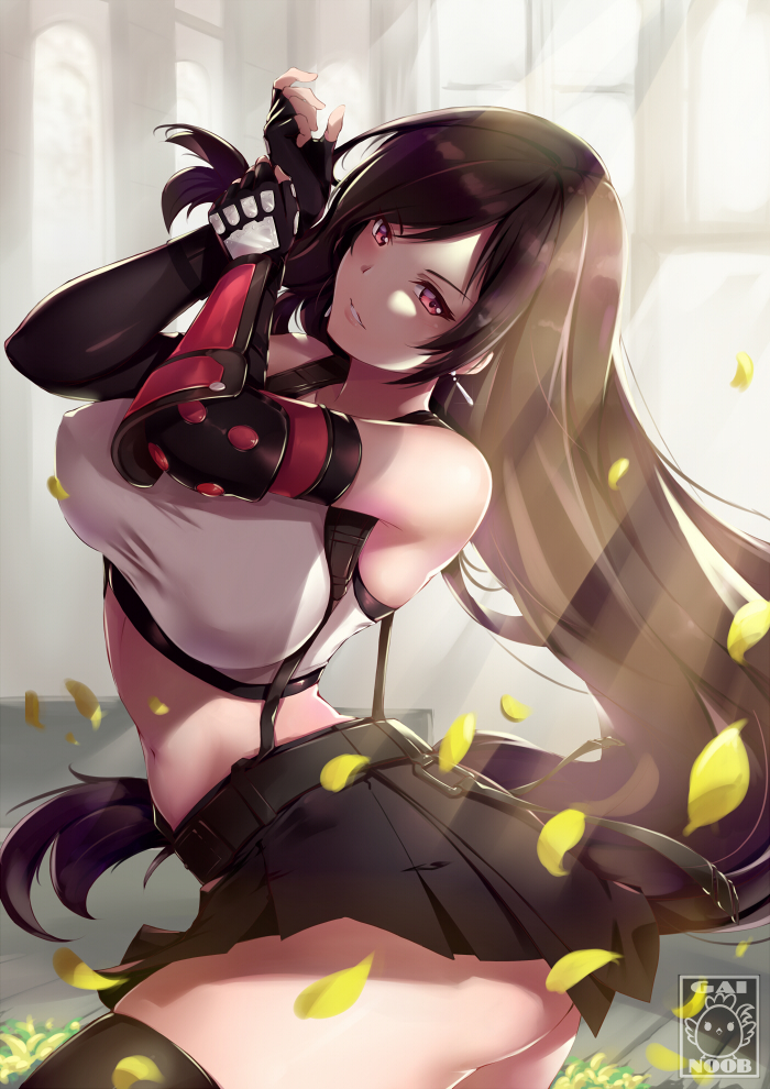 1girl arm_guards black_legwear black_skirt blurry blurry_background breasts crop_top earrings elbow_gloves final_fantasy final_fantasy_vii final_fantasy_vii_remake gainoob gloves jewelry leaf long_hair looking_at_viewer low-tied_long_hair miniskirt navel parted_lips pleated_skirt skirt smile solo sports_bra stomach suspenders tank_top taut_clothes thigh-highs tifa_lockhart very_long_hair