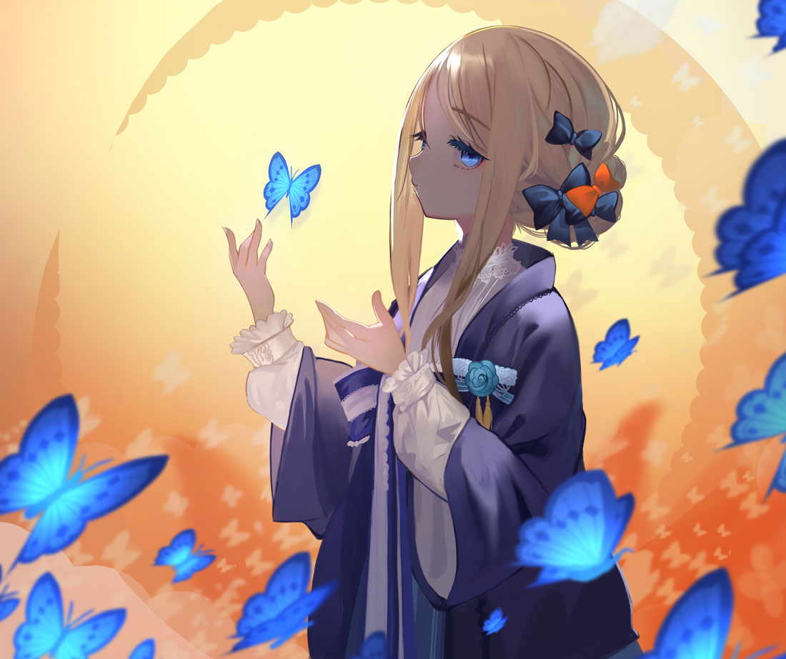 1girl abigail_williams_(fate/grand_order) black_bow black_dress blonde_hair blue_eyes bow bug butterfly dress fate/grand_order fate_(series) fuyouchu insect long_sleeves looking_at_viewer orange_bow tentacles tied_hair