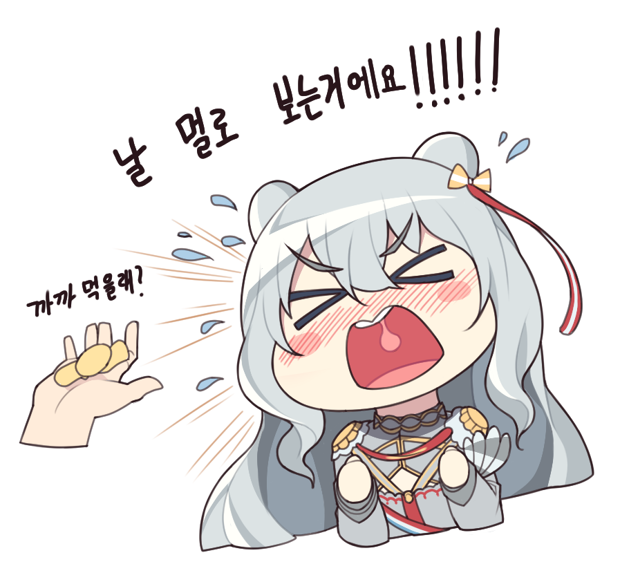 &gt;_&lt; 1girl azur_lane blush blush_stickers chibi closed_eyes double_bun hair_ribbon holding hop3 korean_text le_malin_(azur_lane) long_hair open_mouth out_of_frame outstretched_hand red_ribbon ribbon silver_hair simple_background sketch sweatdrop translation_request uvula white_background