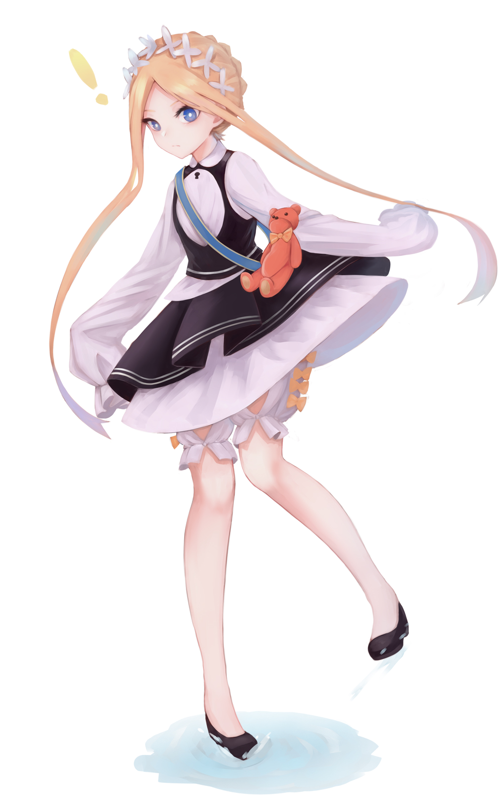 ! 1girl abigail_williams_(fate/grand_order) bangs black_dress black_footwear blonde_hair bloomers bow braid closed_mouth collared_dress commentary_request dress fate/grand_order fate_(series) forehead full_body highres long_hair long_sleeves orange_bow parted_bangs puddle shirt shoes sleeveless sleeveless_dress sleeves_past_fingers sleeves_past_wrists solo standing standing_on_one_leg stuffed_animal stuffed_toy teddy_bear underwear ushi_uta v-shaped_eyebrows very_long_hair water white_background white_bloomers white_shirt