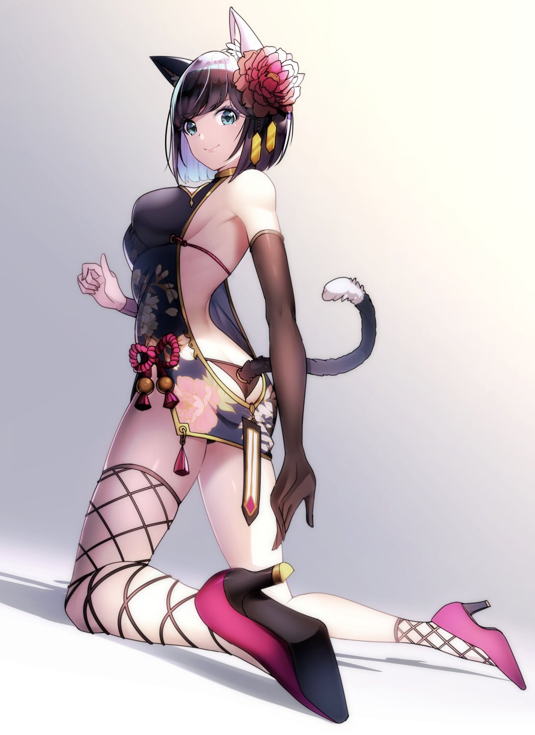 1girl animal_ear_fluff animal_ears armpits back backless_dress backless_outfit bare_legs bare_shoulders black_dress black_hair black_panties blue_eyes breasts brown_gloves cat_ears cat_girl cat_tail china_dress chinese_clothes closed_mouth commentary_request dress elbow_gloves fishnet_legwear fishnets floral_print flower gloves hair_flower hair_ornament high_heels highres kneeling looking_at_viewer looking_back medium_breasts nasubi_(w.c.s) original panties red_flower shadow short_hair side_slit single_glove sleeveless sleeveless_dress smile solo tail thighs underwear