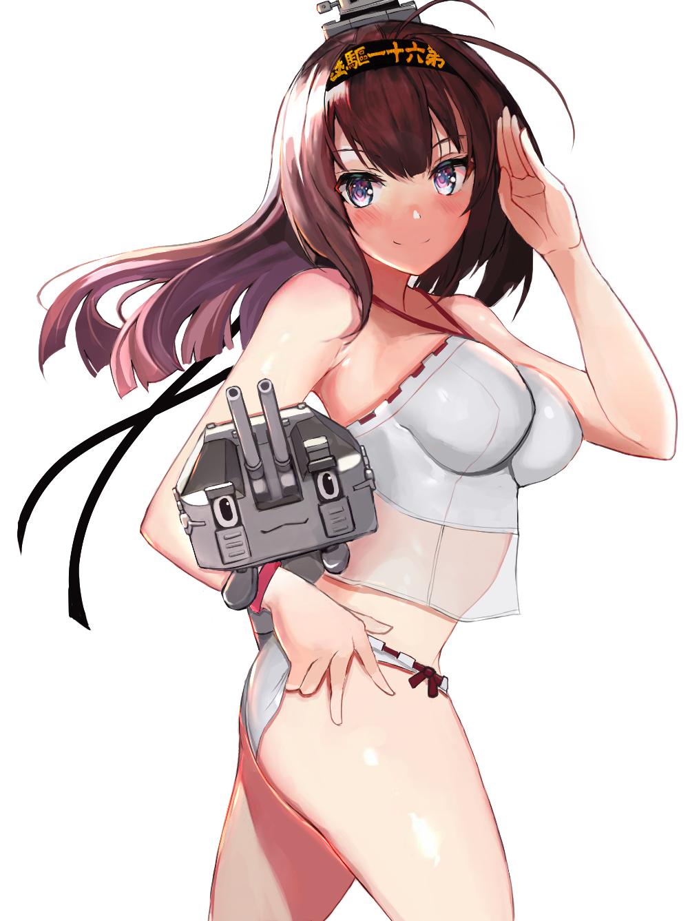 1girl ahoge akizuki_(kantai_collection) bangs bare_shoulders bikini blue_eyes blush breasts brown_hair eriyama_(user_csua4255) grey_bikini grey_swimsuit hair_ornament hairband headband highres holding kantai_collection long_hair looking_at_viewer medium_breasts open_mouth ponytail salute sidelocks simple_background smile solo swimsuit white_background