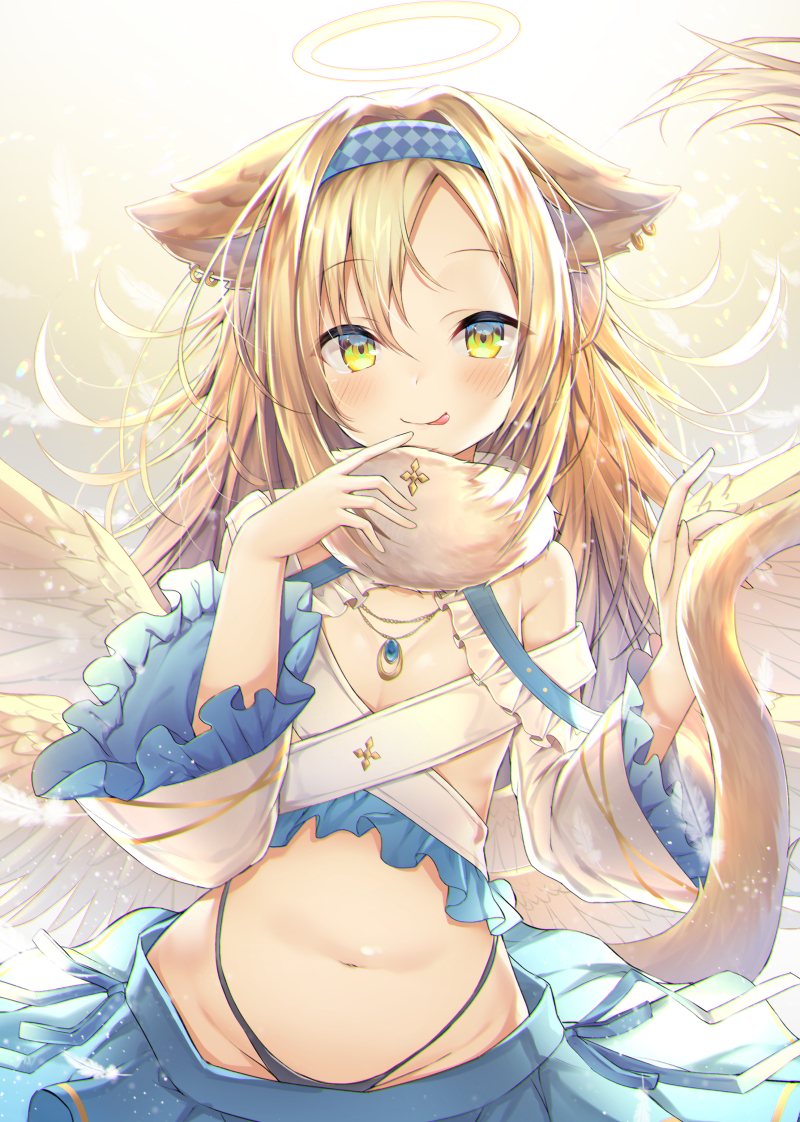 1girl :p animal_ears bangs black_panties blonde_hair blue_hairband blue_skirt blush closed_mouth commentary_request detached_sleeves earrings feathered_wings finger_to_mouth flat_chest fur_collar green_eyes groin hair_between_eyes hair_intakes hairband halo hands_up highleg highleg_panties jewelry long_hair long_sleeves multicolored multicolored_eyes navel necklace original panties pleated_skirt skirt smile solo stomach tail tail_raised tongue tongue_out topia underwear upper_body wide_sleeves wings yellow_eyes