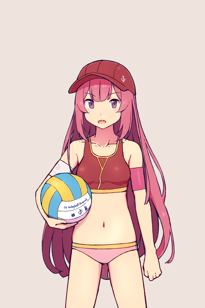 1girl adapted_costume alternate_costume anchor_symbol baseball_cap beach_volleyball breasts collarbone cowboy_shot grey_background hat kamikaze_(kantai_collection) kantai_collection long_hair looking_at_viewer nakaaki_masashi navel open_mouth pink_hair red_headwear simple_background small_breasts solo sports_bikini standing swimsuit violet_eyes volleyball