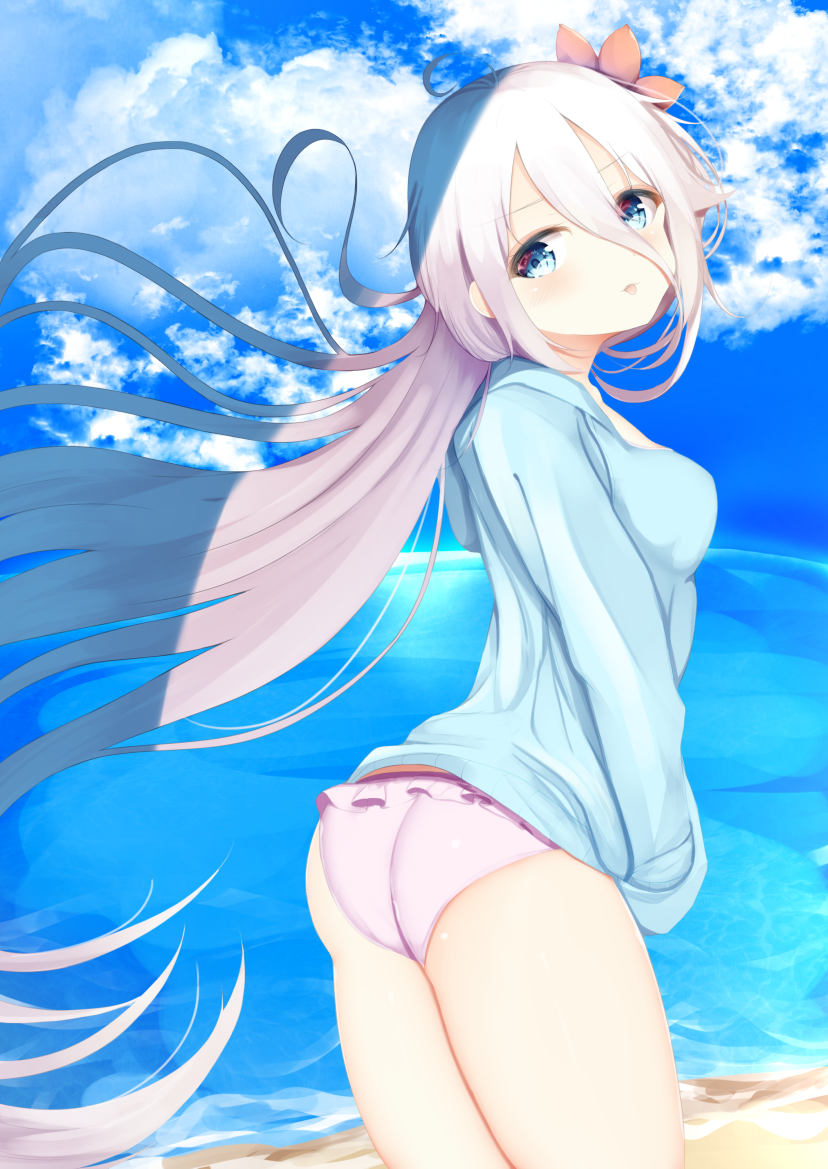 1girl arched_back aties20 bangs beach bikini bikini_bottom blue_eyes blue_jacket blue_sky blush breasts closed_mouth clouds cloudy_sky day eyebrows_visible_through_hair flower frilled_bikini frills hair_between_eyes hair_flower hair_ornament head_tilt horizon ia_(vocaloid) jacket looking_at_viewer looking_to_the_side medium_breasts ocean outdoors purple_bikini sand silver_hair sky solo standing swimsuit tongue tongue_out vocaloid water