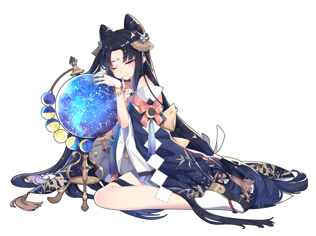 1girl bangs black_hair blue_eyes bracelet constellation crescent facial_mark forehead_mark full_body globe hair_ornament hairstyle_request ibex japanese_clothes jewelry long_hair makeup original parted_bangs shide simple_background sitting socks very_long_hair white_background white_legwear