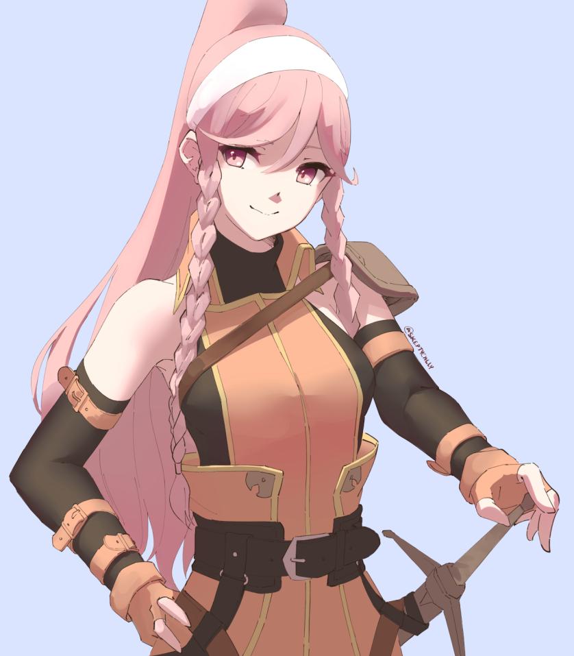 1girl arm_strap belt braid closed_mouth cosplay elbow_gloves fingerless_gloves fire_emblem fire_emblem:_kakusei fire_emblem:_path_of_radiance gloves long_hair olivia_(fire_emblem) pink_eyes pink_hair ponytail sheath sheathed simple_background skeptycally smile solo sword twin_braids twitter_username upper_body wayu_(fire_emblem) wayu_(fire_emblem)_(cosplay) weapon