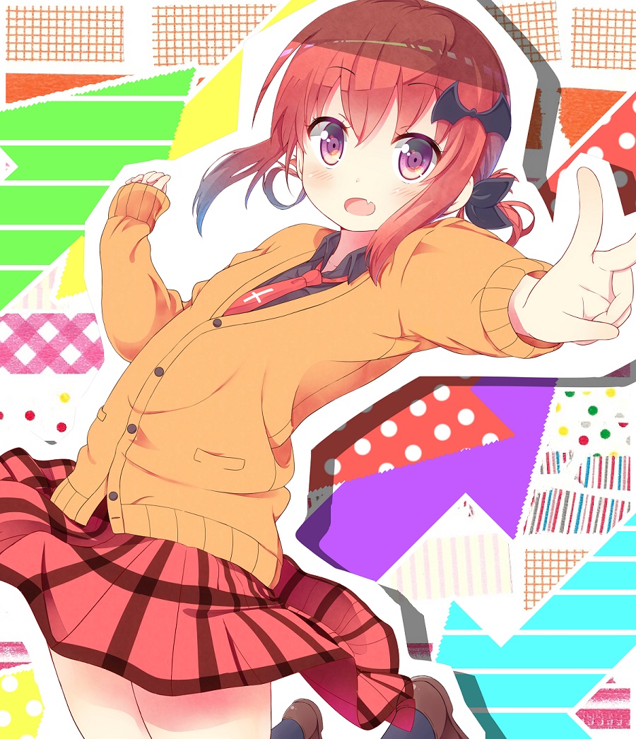 bangs bat_hair_ornament black_shirt blush collared_shirt cross eyebrows_visible_through_hair fang flat_chest gabriel_dropout hair_ornament hair_ribbon jabittoson jumping kurumizawa_satanichia_mcdowell looking_at_viewer multicolored multicolored_background necktie open_mouth orange_sweater_vest paper_cutout pleated_skirt red_eyes red_skirt redhead ribbon shirt shoes skirt socks sweater_vest thighs v