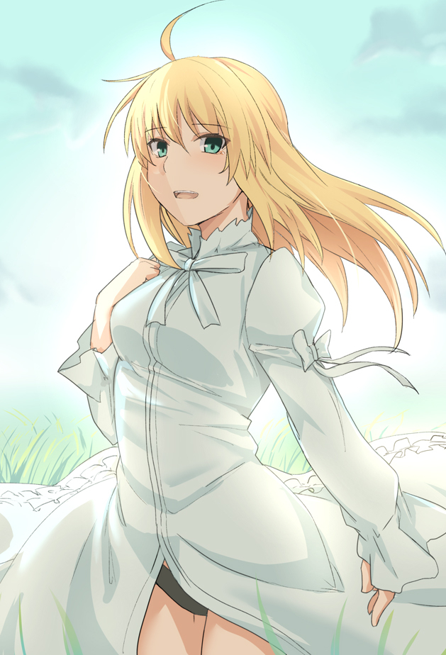 1girl ahoge artoria_pendragon_(all) black_panties blonde_hair bow breasts commentary_request dress eyebrows_visible_through_hair fate/stay_night fate_(series) green_eyes long_hair looking_at_viewer medium_breasts outdoors panties ribbon saber shiseki_hirame smile solo underwear upper_teeth white_bow white_dress white_ribbon