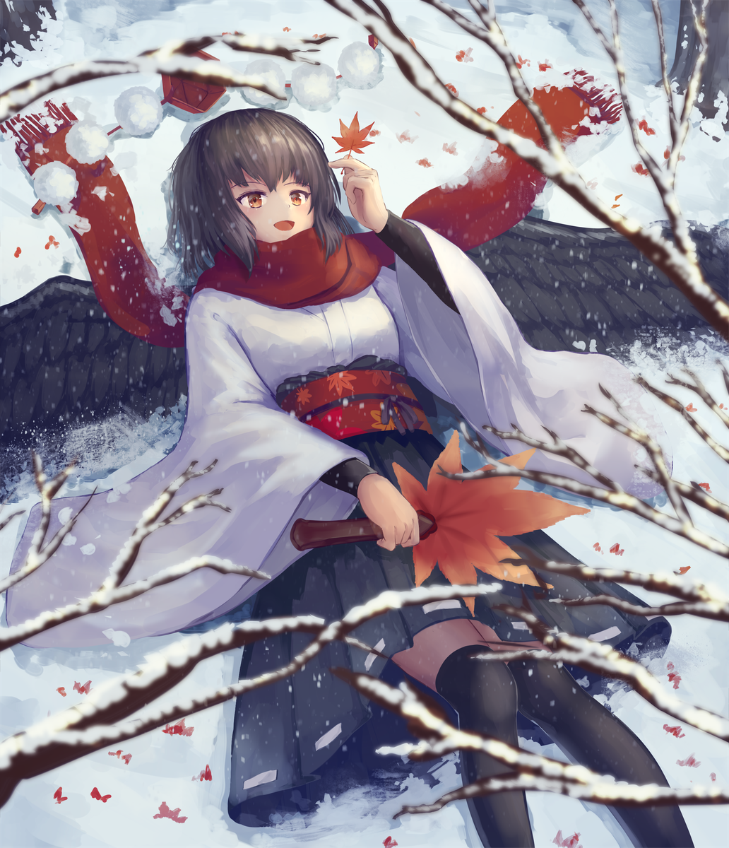 1girl arm_up arm_warmers bangs bare_tree bird_wings black_hair black_legwear black_skirt commentary english_commentary fan feather_fan feathered_wings feet_out_of_frame hat hat_removed headwear_removed highres holding holding_fan holding_leaf kourindou_tengu_costume leaf long_sleeves looking_up lying maple_leaf obi on_back ookashippo open_mouth pleated_skirt red_eyes red_scarf sash scarf shameimaru_aya shirt short_hair skirt snow snowing solo thigh-highs tokin_hat touhou tree tree_branch white_shirt wings