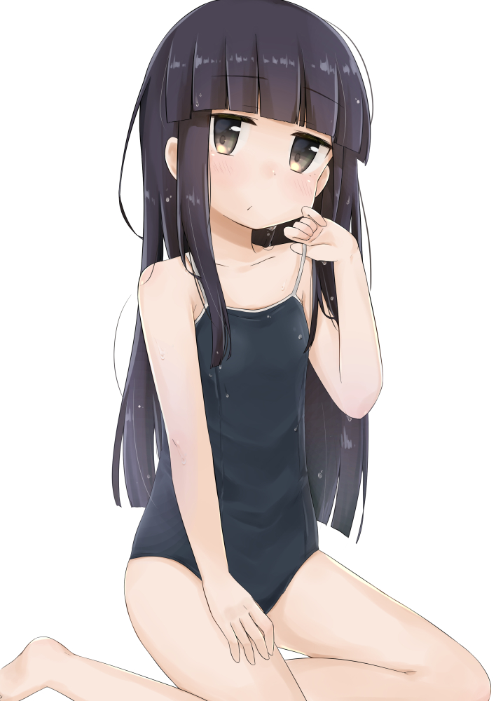 1girl alternate_costume aoshima_sakana bangs bare_shoulders black_hair blue_swimsuit blunt_bangs blush breasts brown_eyes closed_mouth collarbone commentary_request eyebrows_visible_through_hair hair_between_eyes hatsuyuki_(kantai_collection) kantai_collection long_hair looking_at_viewer one-piece_swimsuit school_swimsuit sitting small_breasts solo swimsuit swimsuit_pull thighs water water_drop wet