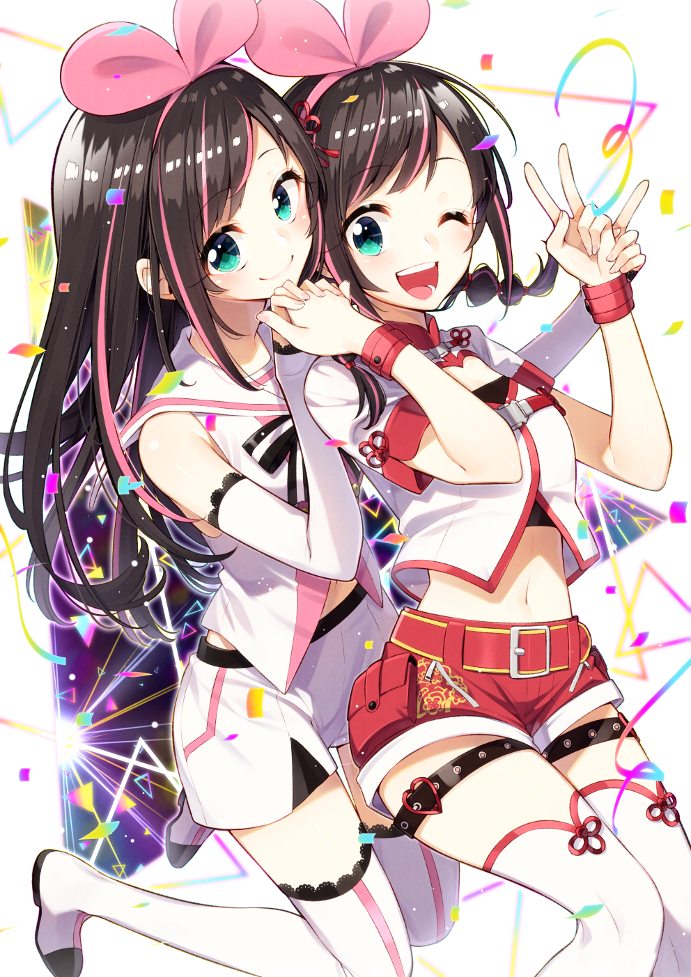 2girls ;d a.i._channel bangs bare_shoulders belt belt_buckle black_bow boots bow brown_hair buckle closed_mouth commentary_request confetti detached_sleeves dual_persona eyebrows_visible_through_hair fingernails green_eyes hair_ribbon hairband hands_together highres kizuna_ai lace lace-trimmed_legwear lace-trimmed_sleeves long_hair long_sleeves multicolored_hair multiple_girls one_eye_closed open_mouth pink_hair pink_hairband pink_ribbon red_belt red_shorts ribbon round_teeth sailor_collar sakuragi_ren shirt short_shorts short_sleeves shorts sleeveless sleeveless_shirt sleeves_past_wrists smile streaked_hair striped striped_bow teeth thigh-highs thigh_boots upper_teeth v very_long_hair virtual_youtuber white_background white_footwear white_legwear white_sailor_collar white_shirt white_shorts white_sleeves
