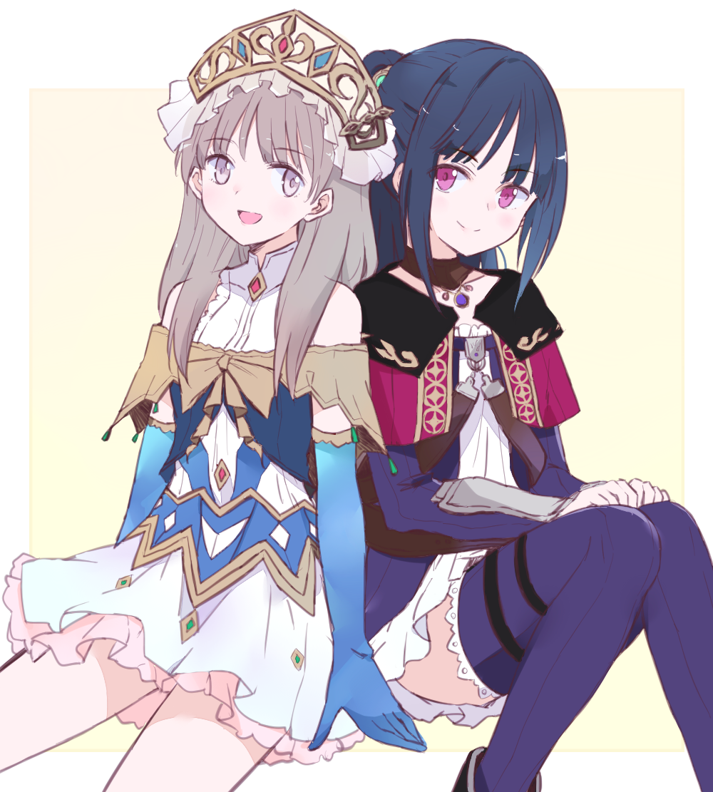 2girls :d atelier_(series) atelier_totori bangs bare_shoulders blue_footwear blue_gloves blue_hair blush brown_hair closed_mouth collarbone dress elbow_gloves eyebrows_visible_through_hair gloves hair_ornament long_hair looking_at_another maromi_(am97) mimi_houllier_von_schwarzlang multiple_girls open_mouth ponytail sitting sleeveless sleeveless_dress smile thigh-highs totooria_helmold violet_eyes white_dress yuri