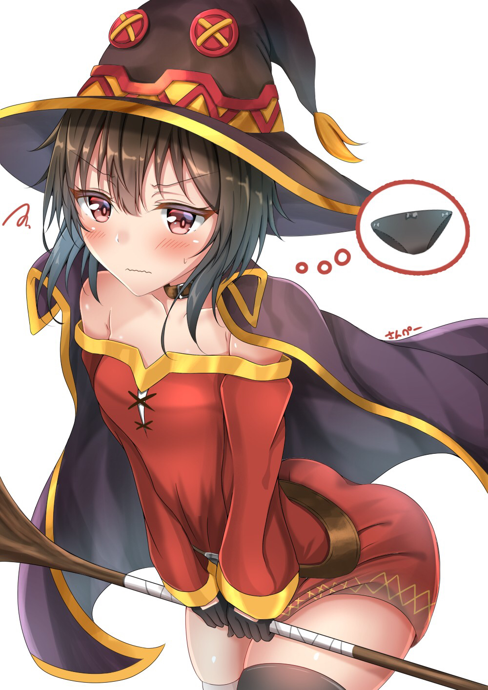 1girl arched_back bandages bare_shoulders black_hair black_panties blush cape collar commentary_request dress fingerless_gloves gloves hat highres holding holding_staff kono_subarashii_sekai_ni_shukufuku_wo! long_sleeves looking_at_viewer megumin panties red_eyes short_hair simple_background single_thighhigh solo staff sunsun2812 thigh-highs underwear white_background witch_hat