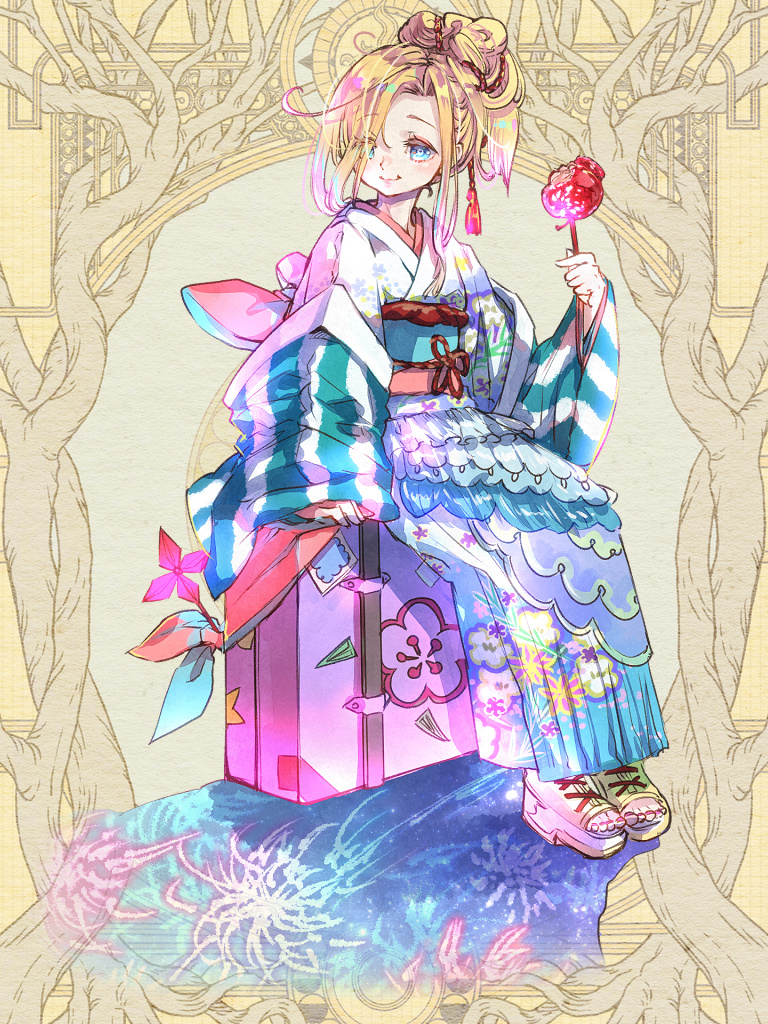 1girl ashgray blonde_hair blue_eyes bow candy_apple commission dairoku_youhei fireworks floral_print food full_body hair_over_one_eye hair_ribbon japanese_clothes kimono looking_at_viewer luggage obi pink_bow pinwheel red_nails red_ribbon ribbon sash sile sitting striped wide_sleeves