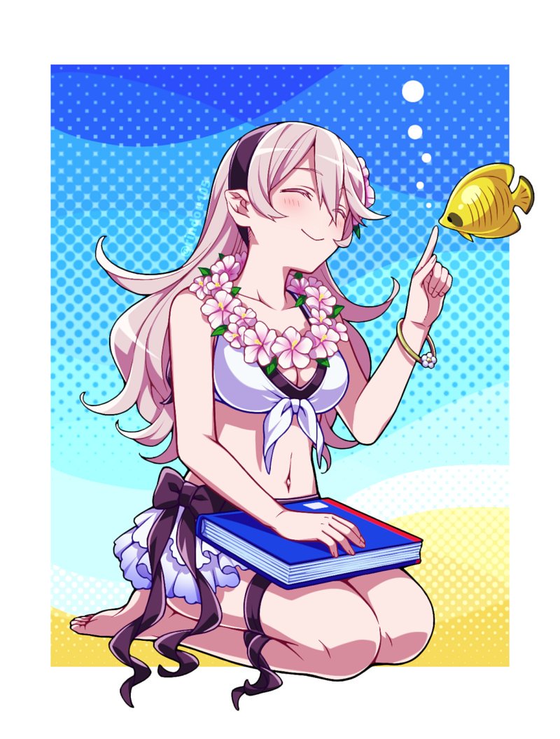 1girl bikini bikini_skirt book bracelet closed_eyes closed_mouth corrin_(fire_emblem) corrin_(fire_emblem)_(female) cute dragon_girl female_my_unit_(fire_emblem_if) fire_emblem fire_emblem_fates fire_emblem_heroes fire_emblem_if fish full_body hiyori_(rindou66) intelligent_systems jewelry kamui_(fire_emblem) long_hair my_unit_(fire_emblem_if) navel nintendo pointy_ears sitting smile solo super_smash_bros. swimsuit thigh_strap twitter_username white_hair wreath