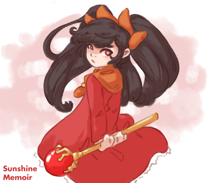 1girl arms_behind_back ashley_(warioware) black_hair bow dress frills intelligent_systems khiuly loli long_hair looking_back nintendo orange_bow red_dress red_eyes solo twintails wand warioware