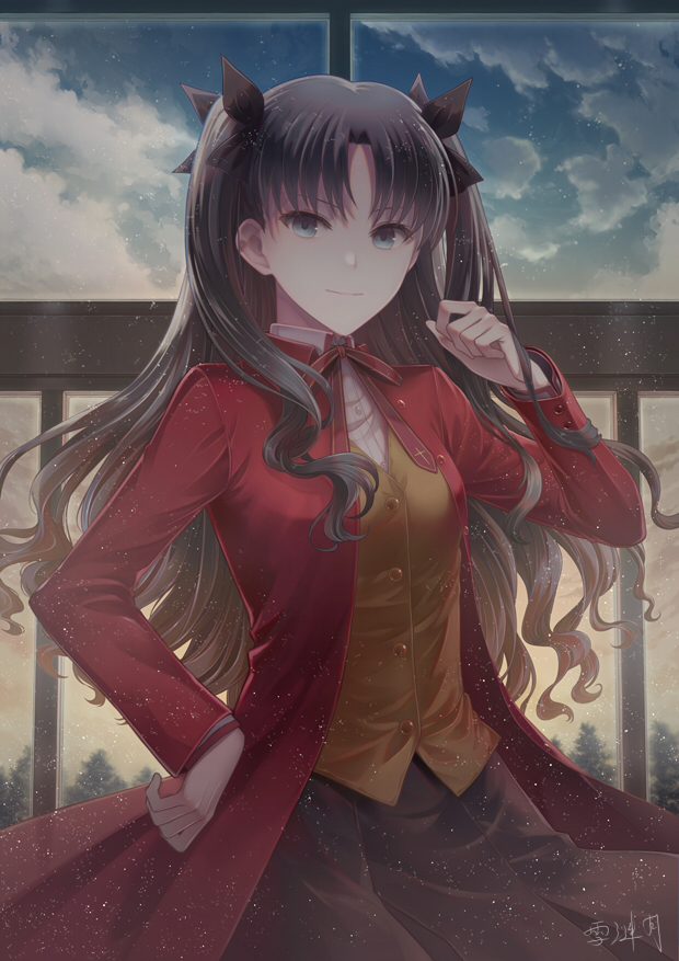 1girl angel31424 black_bow black_hair black_legwear blue_eyes bow breasts commentary_request eyebrows_visible_through_hair fate/stay_night fate_(series) hair_ornament hair_ribbon jacket long_hair long_sleeves looking_at_viewer medium_breasts outdoors red_jacket red_ribbon ribbon signature solo thigh-highs toosaka_rin two_side_up