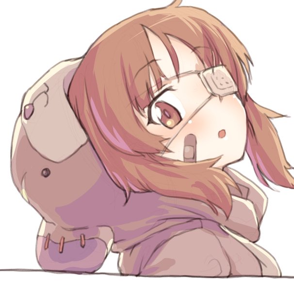 1girl animal_costume bandaid bandaid_on_face bangs bear_costume bear_hood boko_(girls_und_panzer) brown_eyes brown_hair commentary eyebrows_visible_through_hair eyepatch from_side girls_und_panzer head_tilt looking_at_viewer medical_eyepatch monolith_(suibou_souko) nishizumi_miho open_mouth portrait short_hair simple_background solo white_background