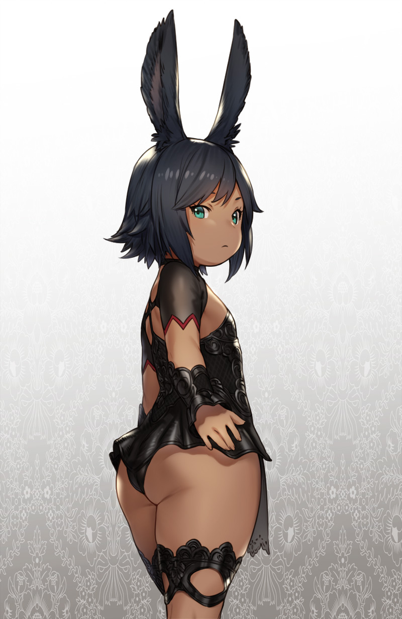 1girl animal_ear_fluff animal_ears aqua_eyes ass bangs black_hair cowboy_shot dark_skin final_fantasy final_fantasy_xiv flat_chest from_behind frown highres houtengeki lalafell looking_at_viewer looking_back petite rabbit_ears short_hair solo swept_bangs viera wide_hips