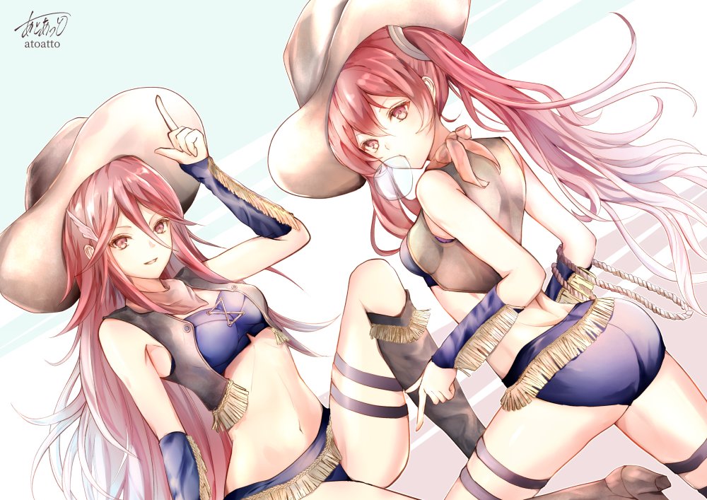 2girls atoatto bare_thighs boots chewing chewing_gum cordelia_(fire_emblem) cow_girl cowboy_boots cowboy_hat fire_emblem fire_emblem_awakening hat long_hair looking_at_viewer mother_and_daughter multiple_girls red_eyes redhead severa_(fire_emblem) smile twintails