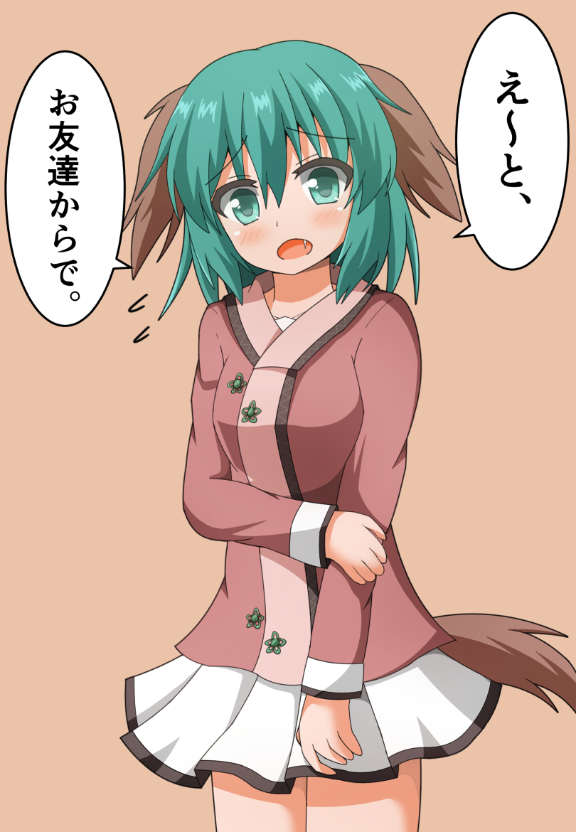 1girl animal_ears blush breasts brown_background commentary_request cowboy_shot dress eyebrows_visible_through_hair fang flying_sweatdrops green_eyes green_hair head_tilt holding_arm kasodani_kyouko looking_at_viewer miniskirt open_mouth pink_dress pleated_skirt short_hair simple_background skirt small_breasts solo standing tail tareme touhou translated white_skirt yogiri_(dosumefd5)