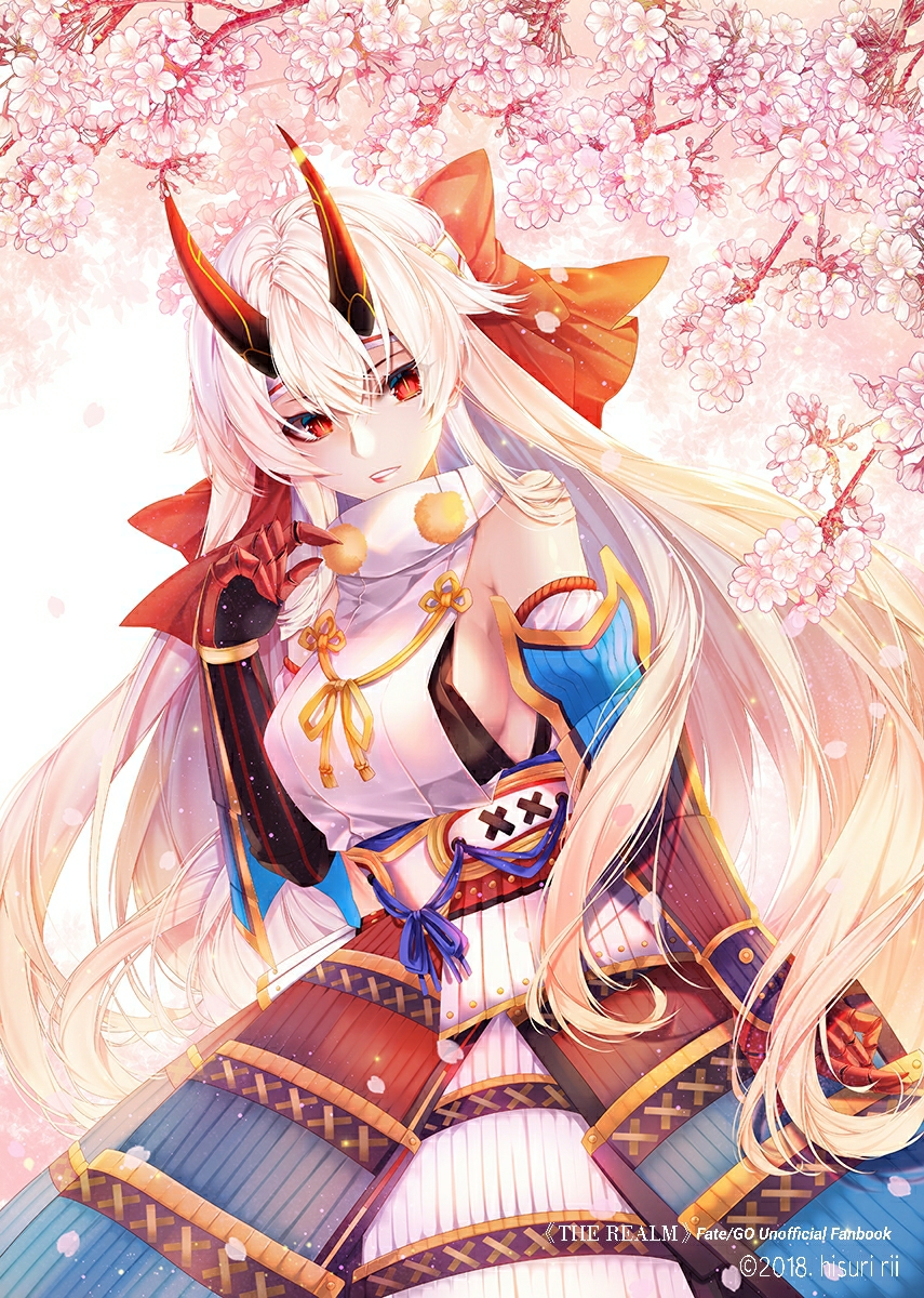 1girl armor artist_name bow breasts cherry_blossoms copyright_name dated detached_sleeves english_commentary fate/grand_order fate_(series) flower gauntlets hair_bow highres hisuririi japanese_armor kote kusazuri large_breasts long_hair oni oni_horns petals pink_flower red_bow red_eyes red_horns sideboob silver_hair slit_pupils solo tomoe_gozen_(fate/grand_order) very_long_hair