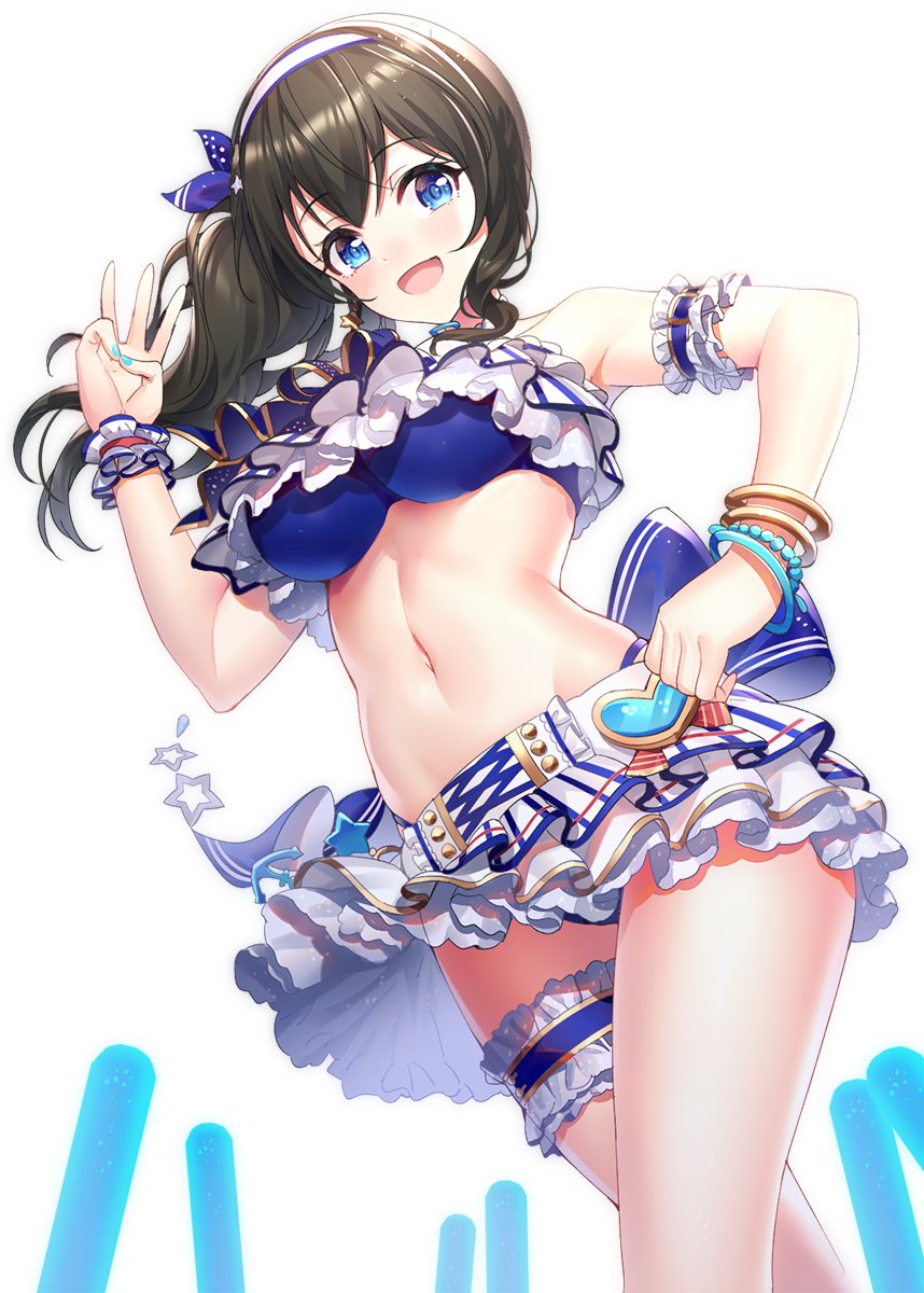 1girl :d bangle bangs bare_shoulders blue_bow blue_eyes blue_nails blue_ribbon blush bow bracelet breasts brown_hair collarbone commentary_request crop_top eyebrows_visible_through_hair fingernails glowstick hair_ribbon hairband hand_on_hip hand_up heart highres idolmaster idolmaster_cinderella_girls idolmaster_cinderella_girls_starlight_stage jewelry large_breasts long_hair looking_at_viewer nail_polish one_side_up open_mouth pleated_skirt ribbon ririko_(zhuoyandesailaer) sagisawa_fumika simple_background single_wrist_cuff skirt smile solo star w white_background white_hairband white_skirt wrist_cuffs