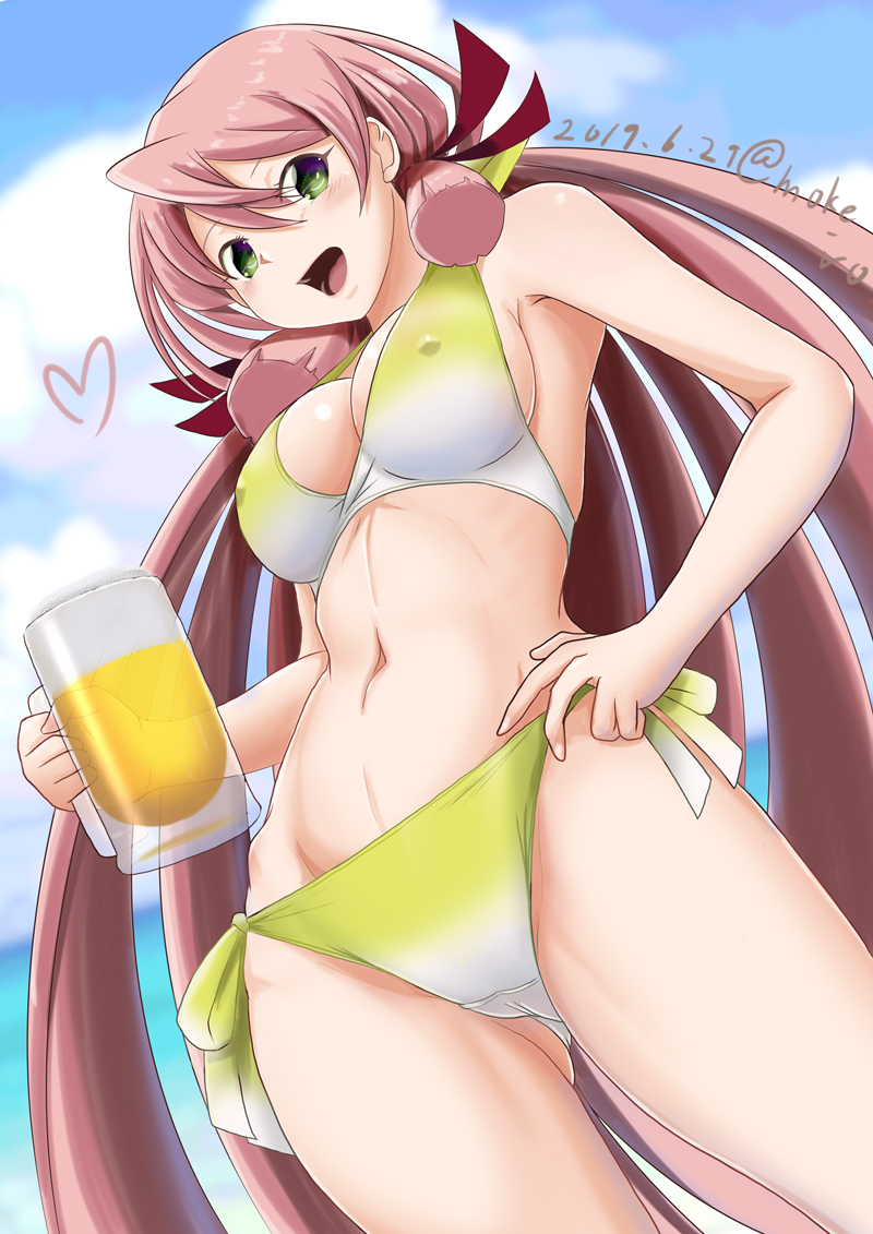 1girl akashi_(kantai_collection) alcohol beer beer_mug bikini blue_sky breasts clouds commentary_request covered_nipples cup dated day from_below green_eyes hair_ribbon holding holding_cup kantai_collection large_breasts long_hair mokerou navel open_mouth outdoors pink_hair red_ribbon ribbon sidelocks sky smile solo swimsuit tress_ribbon twitter_username