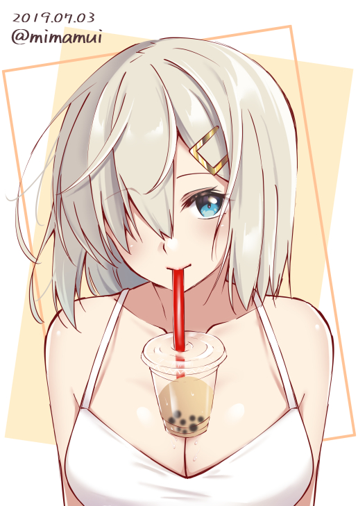 1girl alternate_costume blue_eyes blush breasts bubble_tea bubble_tea_challenge closed_mouth dated dress drinking eyebrows_visible_through_hair gradient gradient_background hair_between_eyes hair_ornament hair_over_one_eye hairclip hamakaze_(kantai_collection) kantai_collection large_breasts looking_at_viewer mimamui object_on_breast short_hair silver_hair solo