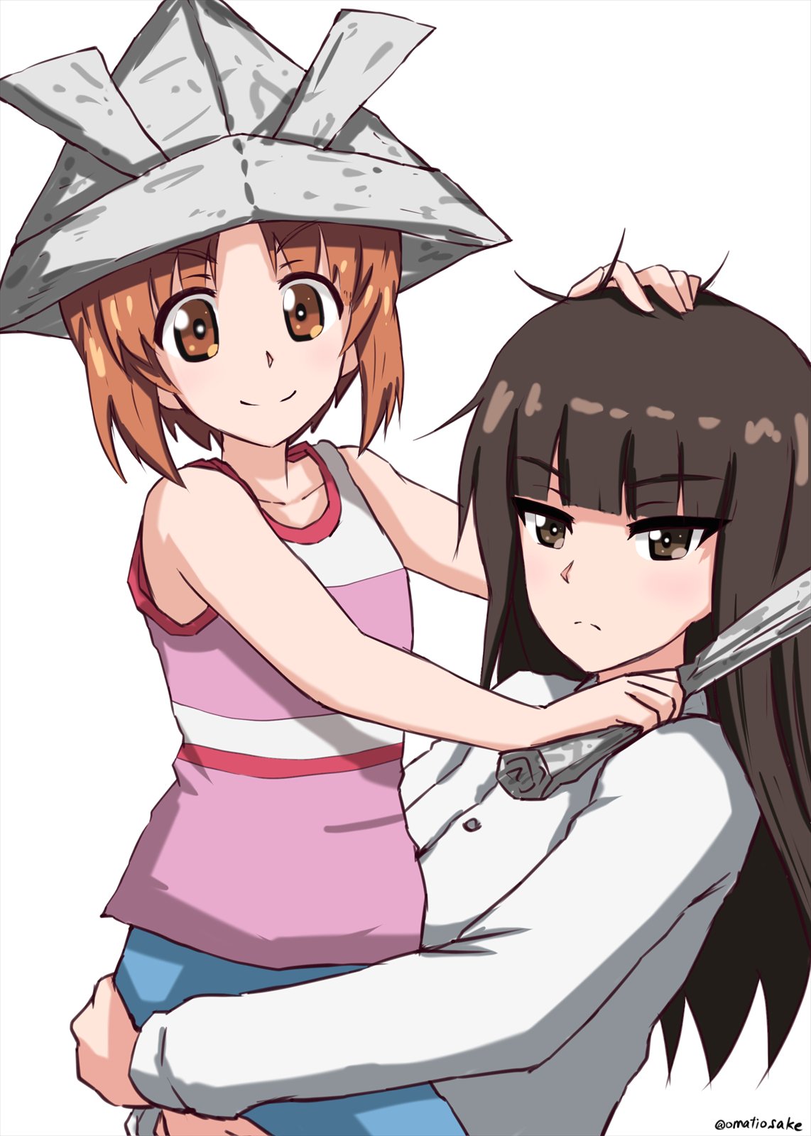 2girls armor bangs blue_shorts blunt_bangs brown_eyes brown_hair child_carry commentary dress_shirt eyebrows_visible_through_hair frown girls_und_panzer hand_on_another's_head hand_on_another's_shoulder helmet highres holding japanese_armor kabuto long_sleeves looking_at_viewer mother_and_daughter multiple_girls newspaper nishizumi_miho nishizumi_shiho omachi_(slabco) open_mouth paper_hat pink_shirt shirt short_hair shorts simple_background smile straight_hair tank_top twitter_username upper_body white_background white_shirt younger