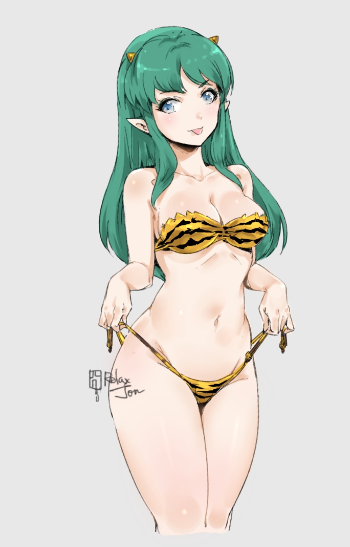 1girl :p adapted_costume animal_print artist_name bandeau bangs bikini bikini_lift blue_eyes breasts green_hair grey_background horns long_hair looking_at_viewer lum medium_breasts navel oni oni_horns pointy_ears relaxjon side-tie_bikini solo strapless strapless_bikini swimsuit tiger_print tongue tongue_out urusei_yatsura