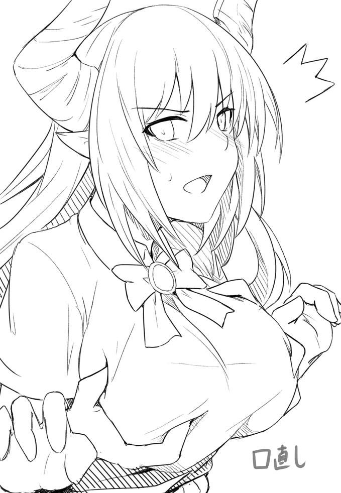 1girl blush bow breast_grab breasts character_request commentary_request copyright_request eyebrows_visible_through_hair grabbing hair_between_eyes horns large_breasts long_hair looking_at_viewer monochrome open_mouth shirt shiseki_hirame short_sleeves simple_background sketch solo_focus translation_request white_background