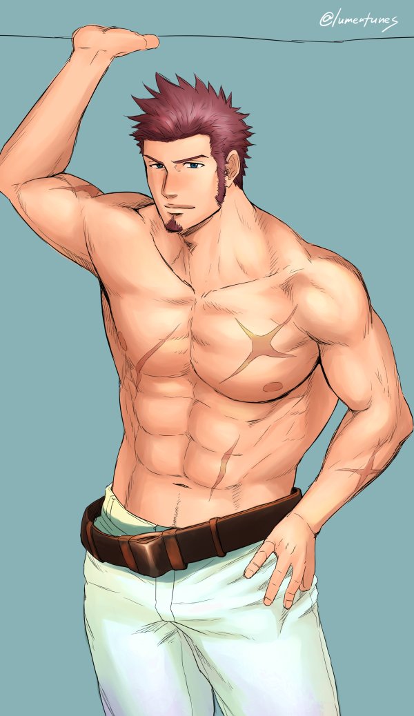 1boy abs bad_anatomy bara beard belt blue_eyes brown_hair chest commentary_request epaulettes facial_hair fate/grand_order fate_(series) hand_on_hip looking_at_viewer lumentunes male_focus napoleon_bonaparte_(fate/grand_order) nipples pants scar simple_background smile solo