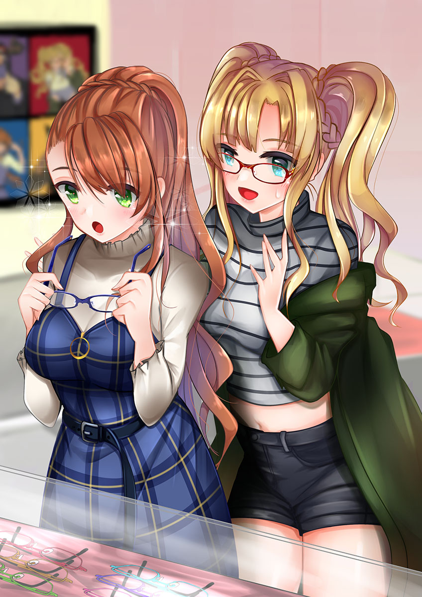 2girls :o beatrix_(granblue_fantasy) bespectacled black_shorts blonde_hair blue-framed_eyewear blue_eyes breasts brown-framed_eyewear brown_hair commentary_request dress glasses granblue_fantasy green_coat green_eyes grey_shirt highres large_breasts long_hair midriff multiple_girls navel plaid plaid_dress ponytail satsukikyo shirt shorts striped striped_shirt sweatdrop twintails very_long_hair zeta_(granblue_fantasy)